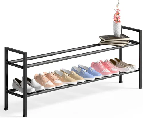 Vista 7 de Bumusty estante de zapatos de 2 niveles largo y expandible para clóset, estante de zapatos ajustable de 46-112 cm para entrada, estante organizador