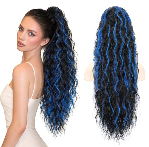 Vista 22 de Extensión de cola de caballo con cordón, extensión de cola de caballo larga y rizada para mujeres negras, extensiones de cabello negro de 26