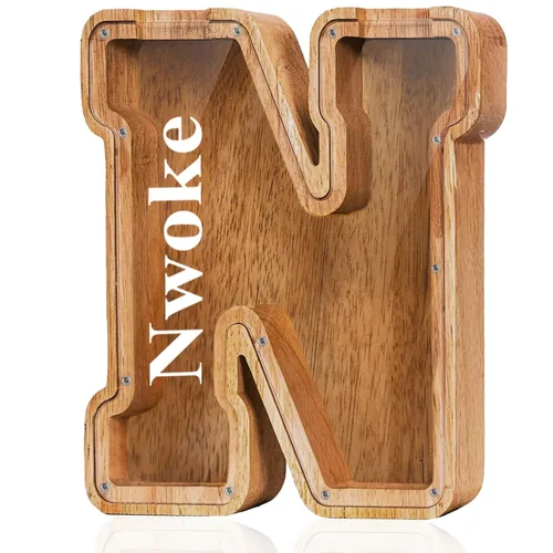 Vista 26 de Alcancía de madera grande personalizada con letras – Alcancía de letras para niños y niñas, regalo de cumpleaños (A)