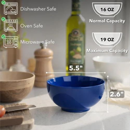 Vista 3 de Brew To A Tea BTAT - Juego de 12 cuencos de sopa, 16 onzas, color azul marino, platos de porcelana para sopa, arroz, ensalada, fideos, microondas