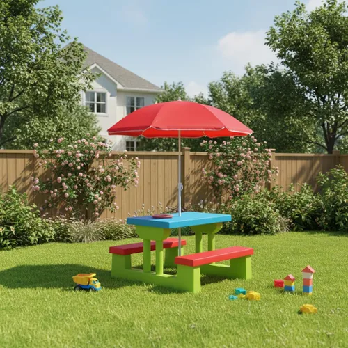 Vista 5 de KOTEK Juego de mesa de picnic para niños, mesa y banco para niños al aire libre con paraguas extraíble, muebles de plástico para niños, mesas