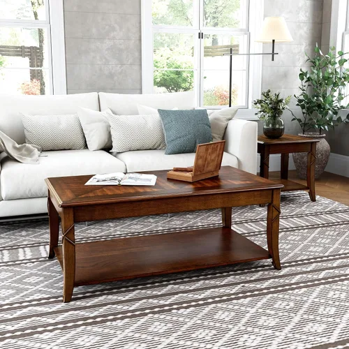 Vista 10 de Mesa auxiliar de madera maciza con estante de almacenamiento, mesa auxiliar rectangular vintage para sofá con mesa de empalme y patas talladas, mesa