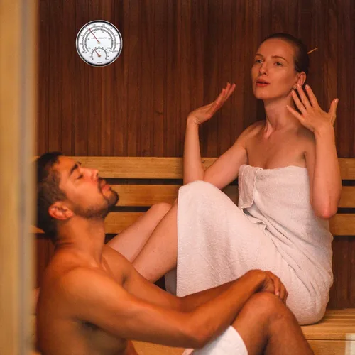 Vista 5 de Termómetro de sauna Fahrenheit 2 en 1, termómetro de pared Fahrenheit, accesorios de sauna centígrados e higrómetro humedad interior se puede