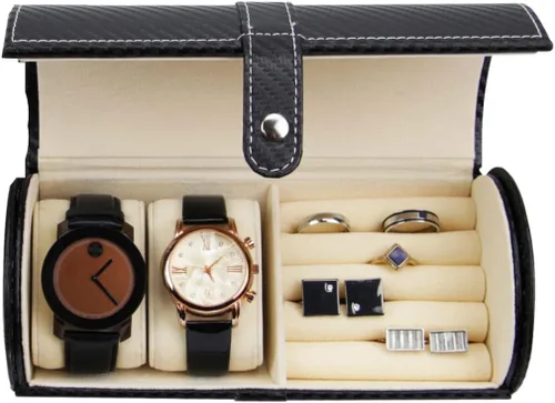 Vista 2 de Reloj de viaje y funda para gemelos estilo rollo negro carbono