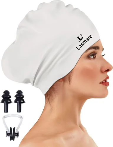Vista 12 de Large Long Hair Swim Cap with Extra Room for Women Men, Silicone Swimming Cap for Long Thick Hair with Ear Plugs Nose Clip Set, Adult Waterproof