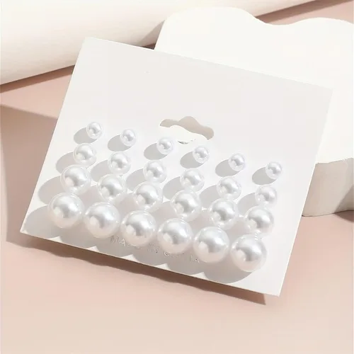 Vista 7 de Aretes de perlas de imitación blancas, delicados 12 pares de aretes de perlas para mujer, aretes clásicos y elegantes para mujer