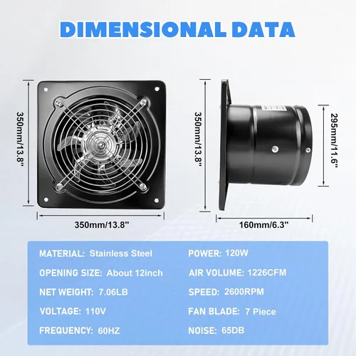 Vista 9 de iMeshbean Extractor de 12 pulgadas, ventilador de escape de pared 1226CFM para cocina, baño, ventilador extractor de metal ideal para ático, garaje