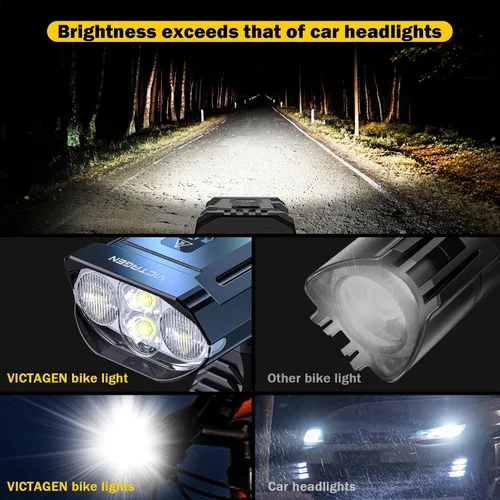 Vista 5 de Victagen Luces de bicicleta de 9000 lúmenes, faros de bicicleta de luces altas y bajas, luces de bicicleta súper brillantes, luces de bicicleta MTB