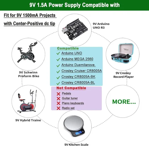 Vista 5 de Adaptador de fuente de alimentación de 9 V, 1.5 A, 1 A, CA 100-240 V a CC 9 V, compatible con Arduino UNO MEGA, Schwinn Elliptical 270 470, Crosley