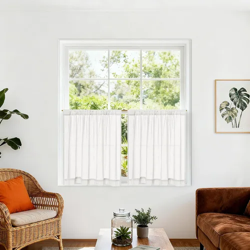 Vista 22 de Cortinas de cocina de lino semitransparente beige de 24 pulgadas de largo, 2 paneles Cream, Cafe Short Curtains, for Bathroom Small Windows, Light