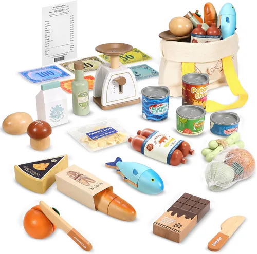 Vista 8 de Pithfor Juego de alimentos de madera para niños pequeños, tienda de comestibles, comida de simulación, compras y juegos, accesorios de cocina