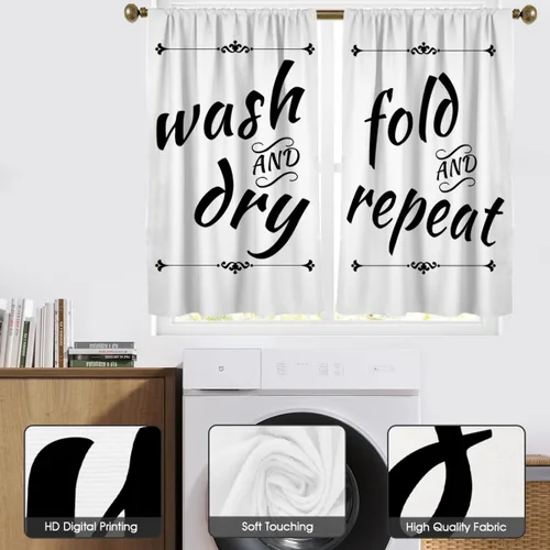 Vista 2 de zokyer Cortinas de cocina en blanco y negro con frases de lavado con palabras impresas en seco, divertidas, simples, pequeñas, cortas, 27.5 pulgadas