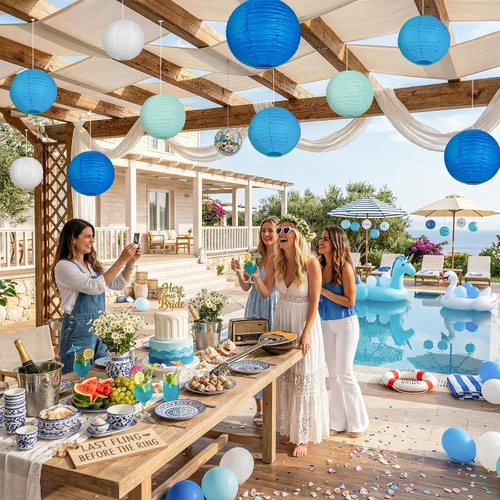 Vista 4 de 12 Linternas de Papel Azul, Blanco y Verde Menta de Tamaños Variados (6" 8" 10" 12") para Decoración del Hogar, Boda, Cumpleaños, Decoraciones