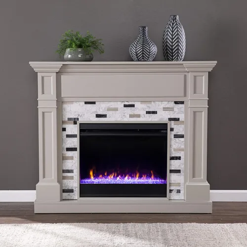 Vista 7 de SEI Furniture Birkover - Chimenea eléctrica que cambia de color con envolvente de mármol, gris/negro/blanco
