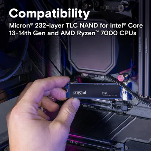 Vista 5 de Crucial T705 PCIe Gen5 NVMe SSD de 1 TB, hasta 13,600 MB/s, TLC NAND, compatible con Intel y Ryzen, para juegos intensivos y almacenamiento de alta