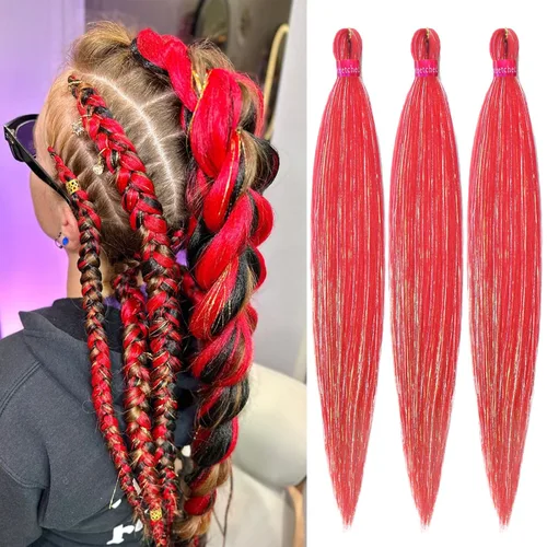 Vista 53 de Cabello trenzado verde con lentejuelas de 26 pulgadas, preestirado, trenzas de textura Yaki, extensiones de cabello pre plumadas, 3 paquetes, fácil