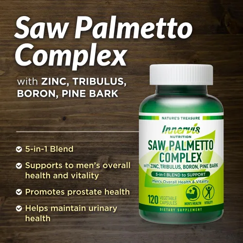 Vista 2 de Apoyo urinario y próstata para hombres – Complejo de palma enana americana 5 en 1 con zinc, tribulo, boro, corteza de pino – 120 cápsulas vegetales