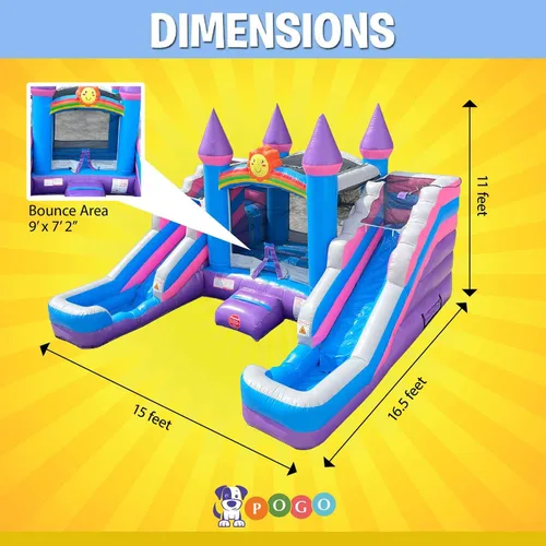 Vista 2 de [Usado] Pogo Bounce House Crossover - Combo de tobogán acuático doble, sin soplador, color morado Rosa