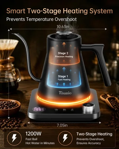 Vista 2 de Hervidor eléctrico de cuello de cisne para verter sobre café, control de precisión de ±1 °F, calefacción inteligente de dos etapas, 2 horas de Negro