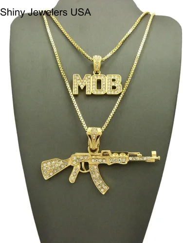 Vista 2 de Shiny Jewelers USA Juego de collar de cadena con colgante para hombre, pistola AK 47 picador pulgar, vida, Metal, Circonia cúbica