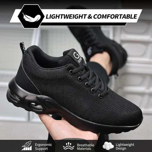 Vista 5 de GLANOUDUN Zapatos de punta de acero para hombre, zapatos de trabajo negros, zapatos de seguridad ligeros para hombres, zapatos de seguridad