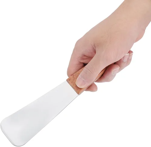Vista 6 de Pala de helado de acero inoxidable para helado, pala de postre, cortador de mantequilla con mango de madera ergonómico, utensilio de cocina
