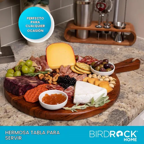 Vista 4 de BIRDROCK HOME Tabla redonda de madera de acacia de 15 pulgadas con asa