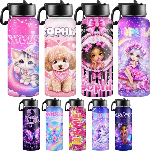 Vista 25 de Botellas de agua personalizadas para niñas, de acero inoxidable con aislamiento de doble pared con pajita, botella de agua de color degradado