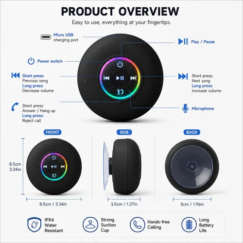 Vista 5 de Altavoz de ducha Bluetooth con LED – Altavoz mini inalámbrico portátil con micrófono y ventosa, resistente al agua IPX4 para ducha, viaje, piscina