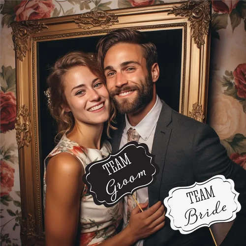 Vista 4 de Utilería para sesiones de foto en bodas con letrero "Strike a Pose", 31 piezas estampadas con palos de madera.
