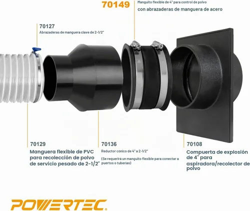 Vista 7 de POWERTEC 70322 Reductor de 4 a 2-1/2 pulgadas y manguito flexible de control de polvo de 4 pulgadas con abrazaderas de manguera de acero inoxidable
