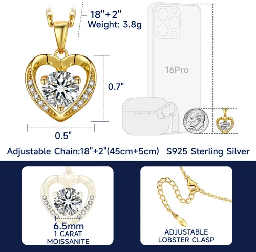 Vista 73 de MomentWish Collar de corazón para mujer, moissanita, diamante de imitación, plata de ley 925