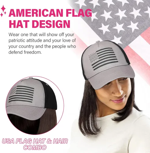 Vista 2 de AynnQueen Pelucas de gorra de béisbol con bandera estadounidense con extensiones de pelo corto estilo Bob para mujer