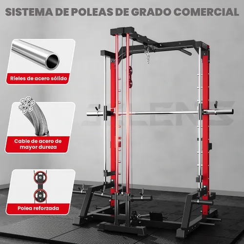 Vista 5 de JELENS SR01 Smith Machine, jaula de potencia multifunción de 2000 libras con sistema de extracción LAT, estante para sentadillas todo en uno