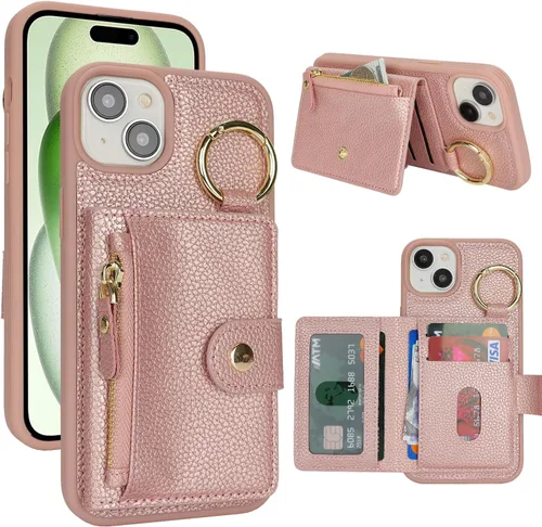 Vista 8 de Funda para iPhone 14 Plus con tarjetero, color negro Funda con cremallera y ranura para mujer y hombre