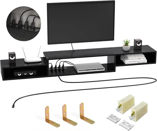 Vista 5 de FABATO Soporte de TV flotante de 59 pulgadas con toma de corriente montado en la pared, consola multimedia, estante debajo del televisor para caja