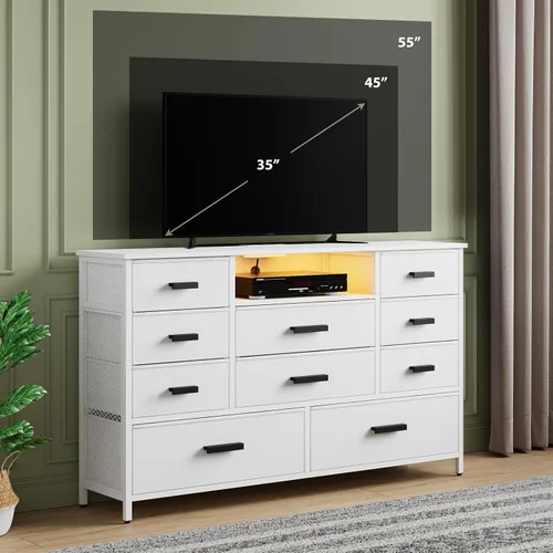 Vista 2 de Cómoda con estación de carga, cómoda blanca para dormitorio con 10 cajones, soporte para TV con almacenamiento y luz LED para TV de 55", de tela