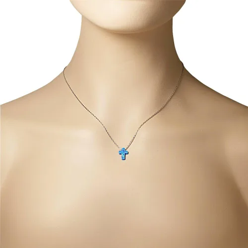 Vista 3 de My Daily Styles Collar con colgante de plata de ley 925 para mujer, diseño religioso de cruz latina, ópalo azul y turquesa, Plata esterlina, Ópalo