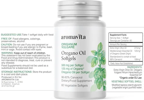 Vista 7 de Cápsulas de aceite de orégano - Sin OMG y sin gluten, aceite de orégano griego que contiene 108 mg por porción - Más del 86-90% de Carvacrol