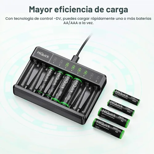 Vista 5 de HiQuick Cargador de batería AA AAA de 8 bahías con 4 pilas AA 2800mAh y 4