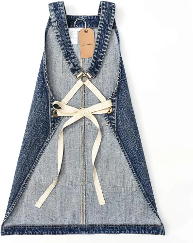 Vista 2 de Jeanerlor - Delantal de mezclilla con 4 bolsillos para mujeres y hombres - Estilo lavado correas cruzadas en la espalda y ajustable S a XXXL, Azul