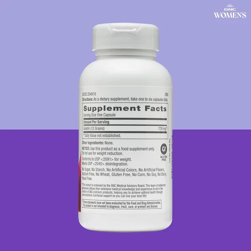 Vista 7 de GNC Suplemento de gelatina para mujer, apoya la salud del cabello, la piel y las uñas, fuente natural de colágeno, 60 cápsulas