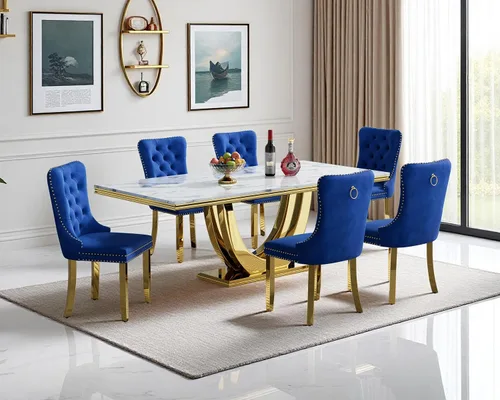 Vista 18 de SSLine Juego de mesa de comedor de mármol sintético blanco de 68 pulgadas