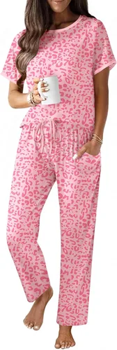 Vista 13 de Ekouaer - Conjunto de pijama de 100% algodón para mujer, manga corta, con pantalón largo, 2 piezas, juego de ropa para dormir con bolsillo