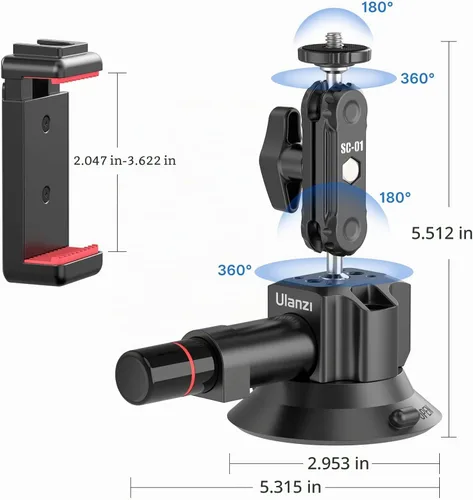 Vista 3 de UURig SC-01 Soporte de succión de 3 pulgadas para cámara de acción de vlogging para coche con abrazadera para teléfono inteligente compatible