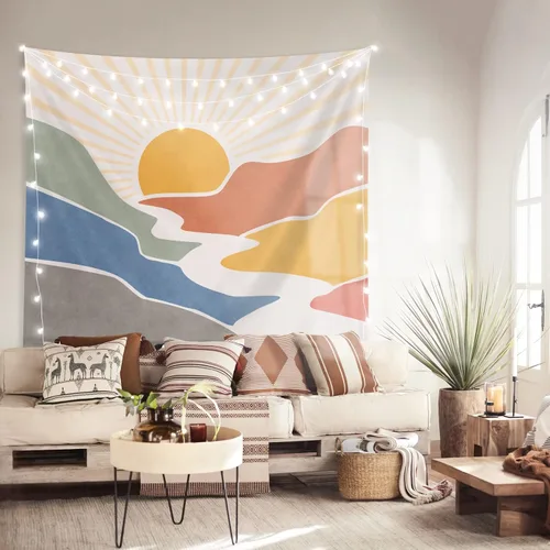 Vista 3 de SUOTEMEIFEI Tapiz bohemio de sol de montaña, arte simple, diseño de amanecer, naturaleza, puesta de sol, paisaje, abstracto, estético, decoración