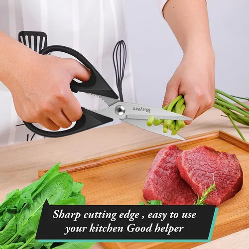 Vista 6 de iBayam Tijeras de cocina multiusos con funda protectora, tijeras de acero inoxidable duraderas, aptas para lavavajillas, mango cómodo de agarre suave