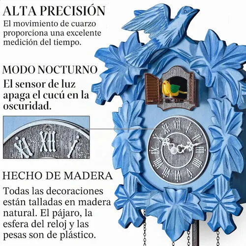 Vista 2 de Reloj de cuco con modo nocturno, decoraciones talladas a mano y péndulo oscilante (azul)