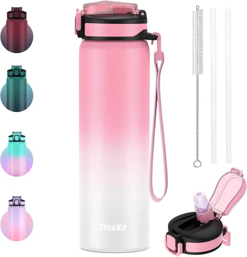 Vista 8 de SLUXKE Botella de agua de 24 onzas aislada con pajilla, botella de agua de acero inoxidable 18/8 de doble pared con correa de transporte, botella