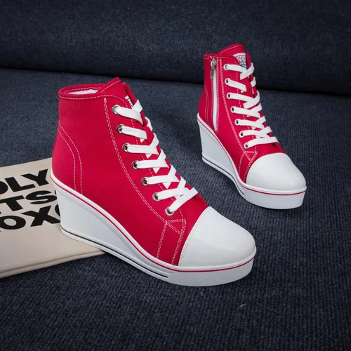 Vista 3 de Zapatos deportivos de cuña para mujer, plataforma de tacón alto, zapatos de lona con cordones y cremallera, zapatos de tenis de plataforma